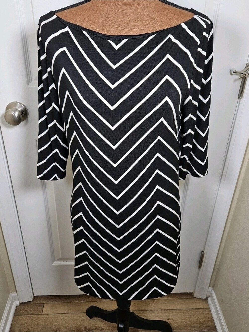 Ralph Lauren Shift Dress Black White Chevron Stripe 3/4 Sleeve Women's Size 10